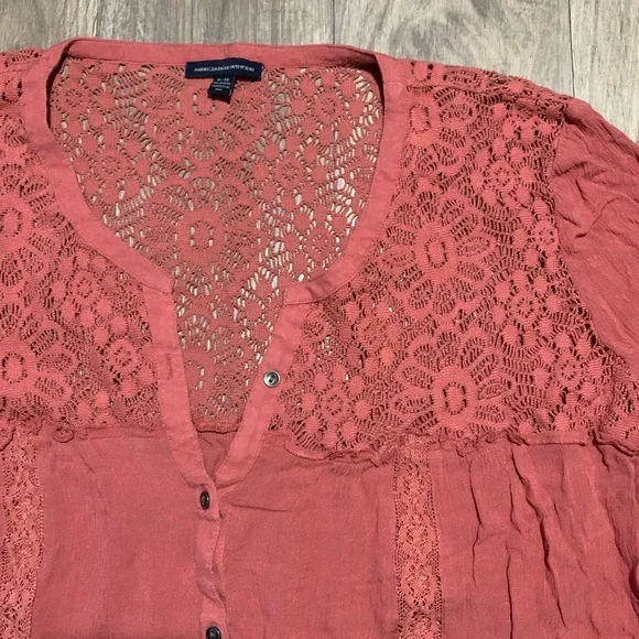 American Eagle Button Up Blouse w/ Flower Lace, Dusty Rose, XL - Picture 3 of 8